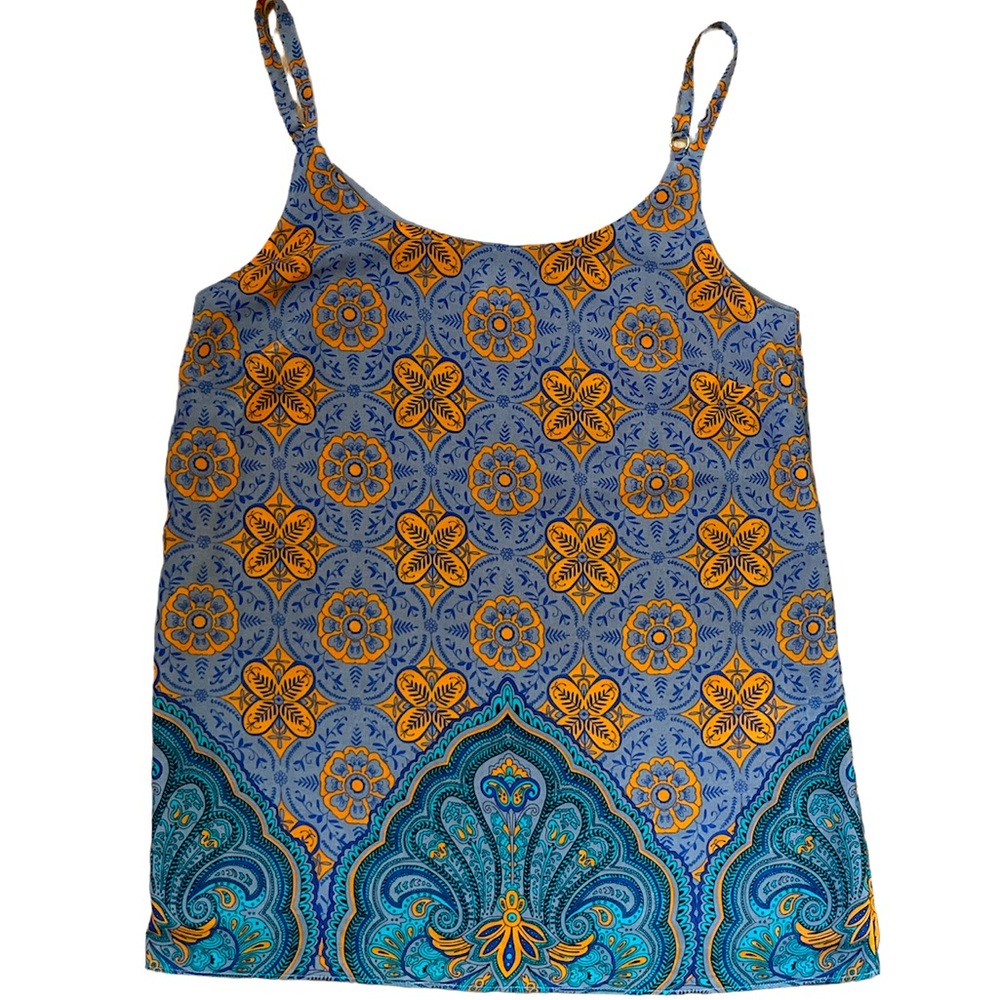 CAbi Women’s Boho Adjustable Strap Flowy Cool Tank Top, Orange Turquoise, Small